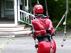 in red spandex catsuit