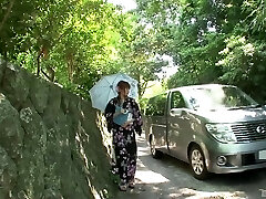 Kimono dame in a van sucks dick and gets plaything fucked