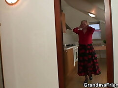 Very old blonde granny pleases two workers