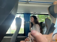 Risky public bus handjob with cum on russian honey's mitt