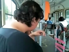 Chubby man is flashing his man sausage in the public transport