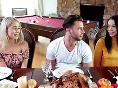 Puny titted, platinum-blonde honey is getting banged during a family lunch and eating pussy along the way