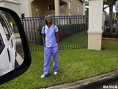 Interracial shagging in the van with cute ebony nurse Lexxi Deep