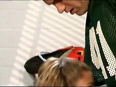 Blond teen cheerleader sucks jock&rsquo;s cock in locker room, then gets pulverized