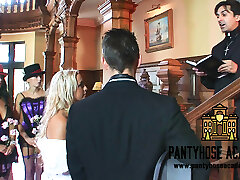 An Unexpected Gangbang Group Fuckfest with the Bride and the Groom at the Wedding with Anal and Lots of Cum-shots on Giant Tits