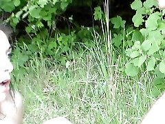 Dark haired German beauty pleasuring two old cocks outdoors