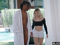 Black hunk likes to fuck a edible, Japanese blonde, after she is done with sucking his cock