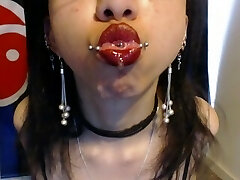 Goth with Red Lipstick Salivates a Lot and Blows Spit Bubbles - Spit Fetish