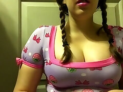 Obese Brunette Teen with Big Natural Tits Smoking in Pigtails
