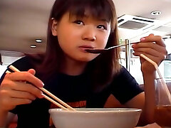Chubby Asian teen Mai Mariya makes a brilliant leg spit after a lunch