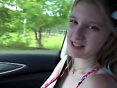Fresh blonde babe, Melody Marks was playing with her bumpers while her boyfriend was driving