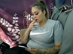 Sexy Massive Tit Latina Smokes and Sucks Dick with Funny Facial