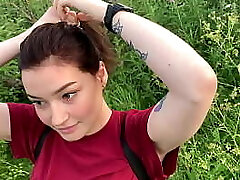 public outdoor blowjob with creampie from timid girl in the bushes - Olivia Moore