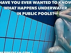 Real couples have real underwater hook-up in public pools filmed with a underwater camera