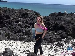 Sweet nymph Summer Vixen walks on the beach with her boyfriend