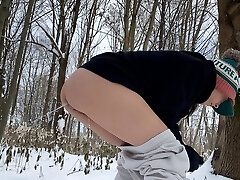 He pissing inside my young rump in the forest on snow
