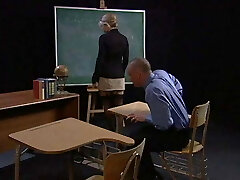Blonde teacher strips and gargles balding guy's average-sized dick