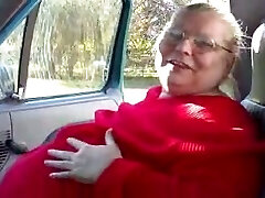 Grubby BBW grandma of my wife shows off her flabby juggs in van