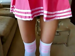 Slim petite cheerleader Paisley Rae guzzles a thick hard meatpipe and gets her muff opened up