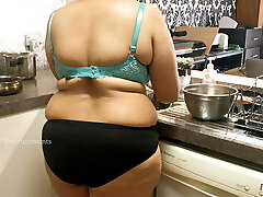 Monstrous boobs Bhabhi in the Kitchen wearing panties and bra