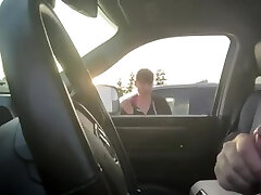 Parking lot woman smokes and sees him jerk off