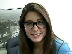Nerdy sexy brunette girlie undresses and switches to suck strong cock