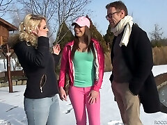 Fabulous and super-cute white chick agrees to get into filthy gangbang action with men