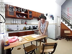 Ravioli Time! A bare housekeeper works in the hotel kitchen. Depraved housekeeper works in the kitchen sans panties.