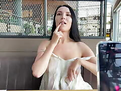 Lovense control in cafe and hot blowjob in fitting room