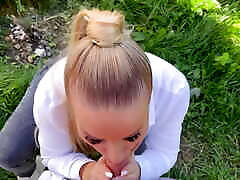 Blond Slut Blowjob with Facial in Garden