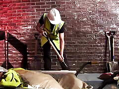 Construction workers have group sex with a couple of sluts and give them facials