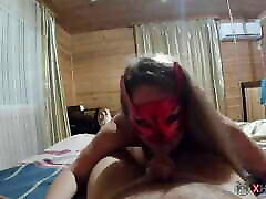 Sexy MILF in a red devil mask sucks hard dick and got fucked - Amateur Russian couple