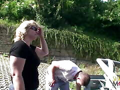 Blonde mature bitch wearing high heels blowing cock and getting pounded