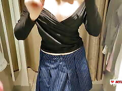 Trying on transparent sexy clothes in a mall. Look at me in the fitting room and jerk off