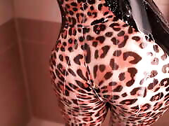 Latex Rubber Leopard Print Catsuit david perry laure sinclair Milk in the Bath. Curvy Fetish MILF Teasing.