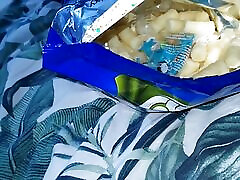 Step son naked pulled out his dick while step mom eats sweets in bed with him