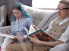 Horny teen with turquoise hair fucks with tutor