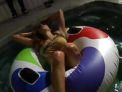 Brunette slut fucking with a friend after taking a late night swim in my dittle pony pool