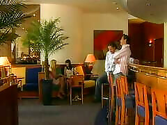Two horny dudes invited couple of brunette chicks for nasty balling