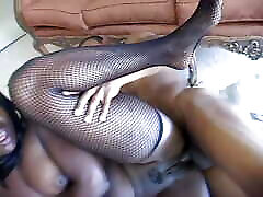 Ebony babe with natural tits opens her legs wide for big black slut wife fucked on cam on the sofa