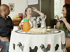 While cuckold dad works, hot milf mom gives chubby daughter&039;s girlfriend pussy shower