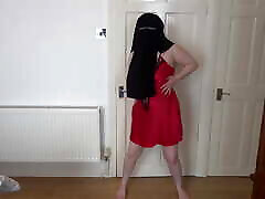 Pale Skin MILF in Niqab and Red Silk Lingerie Dancing Striptease