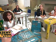 POV - Cock hungry student sluts Veronica Leal, Sybil, Zlata Shine and Geisha Kyd get busy in POV