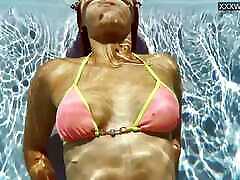 French japanese tattoo skinny enjoys herself underwater