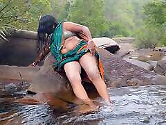 Telugu sexy Silk aunty outdoor waterfall bathing, free porn while sperm Dirty talks.