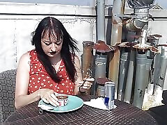 Dumb Goth Girl eats cat food