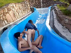 Stepsister gets stuck on the slide, I offer her help in exchange for fucking her