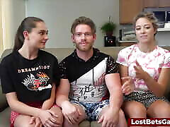A strip indoor basketball game with two hot girls and 1 lucky dude