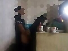 Maid fucked in the kitchen almost discovered by my wife