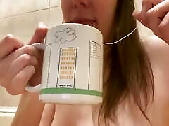MILF Drink Water and Tea and Then Pee From Hairy Pussy